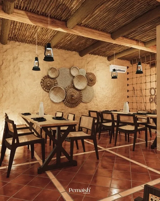 Warm wood and brick restaurant interior
