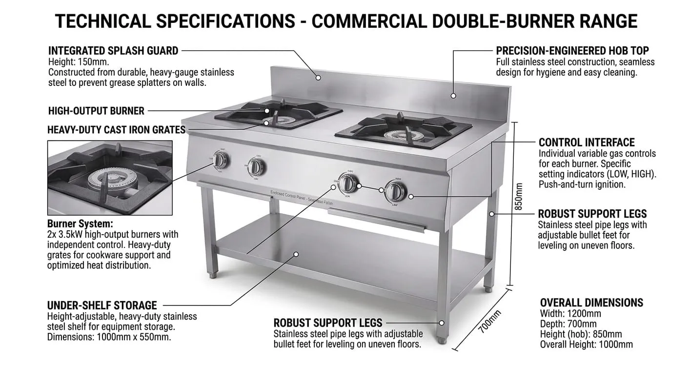 Technical specifications card for the commercial double-burner wok range