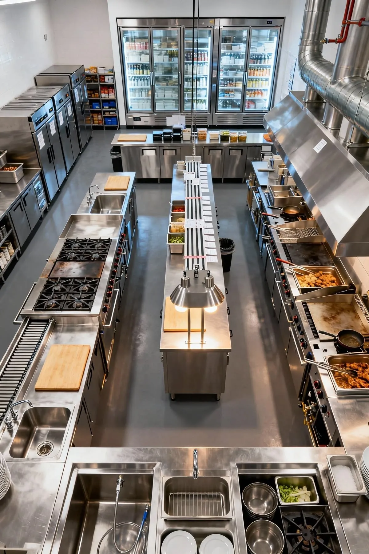 Modern commercial kitchen with stainless steel line